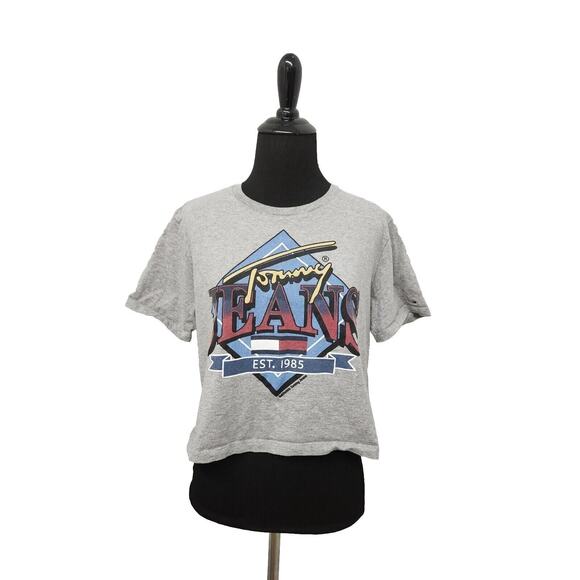 Tommy Jeans Size Small Spell Out Logo Gray Crop Top Shirt - Picture 1 of 8